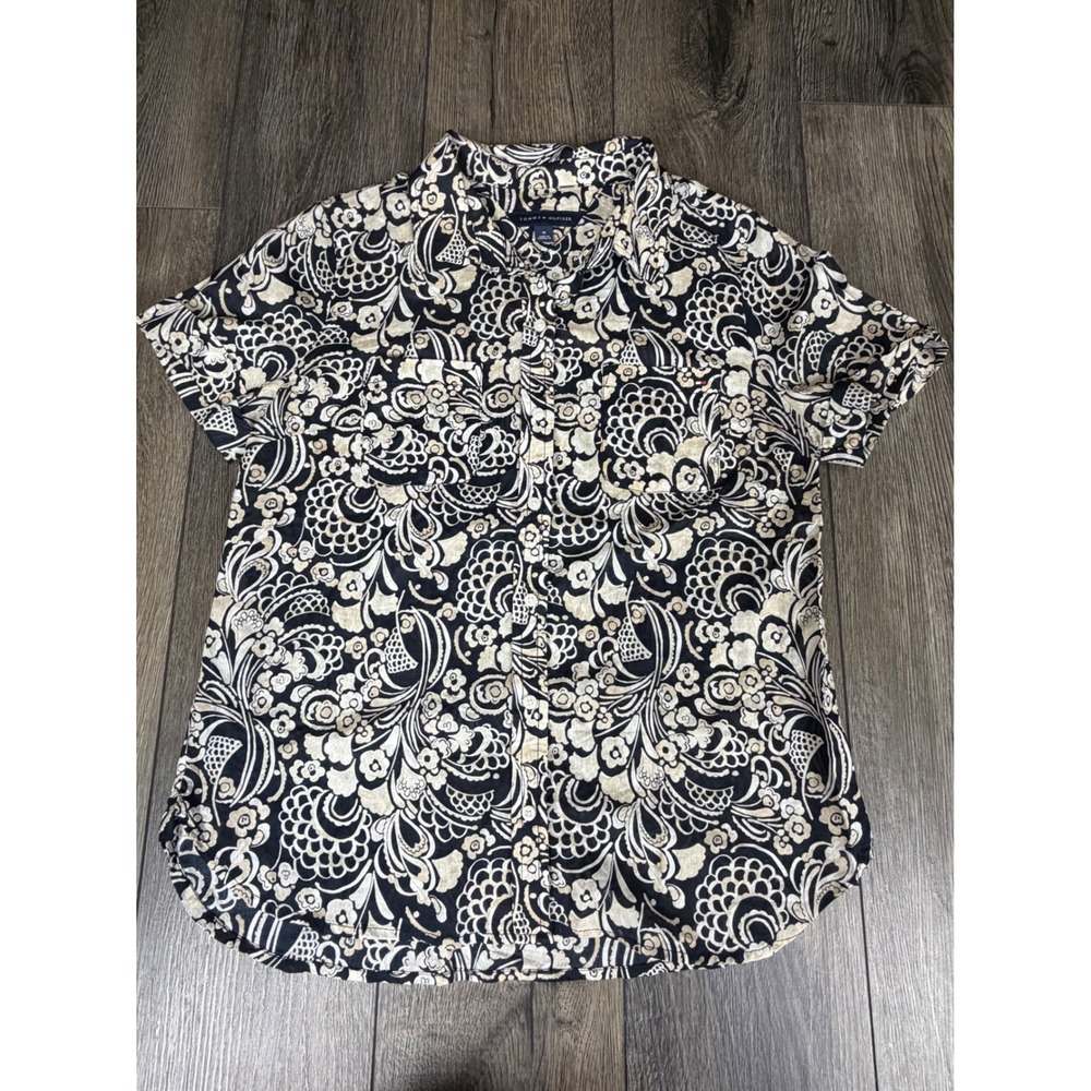 Tommy Hilfiger Floral Paisley Button Down Shirt Navy Blue M Short Sleeve Linen